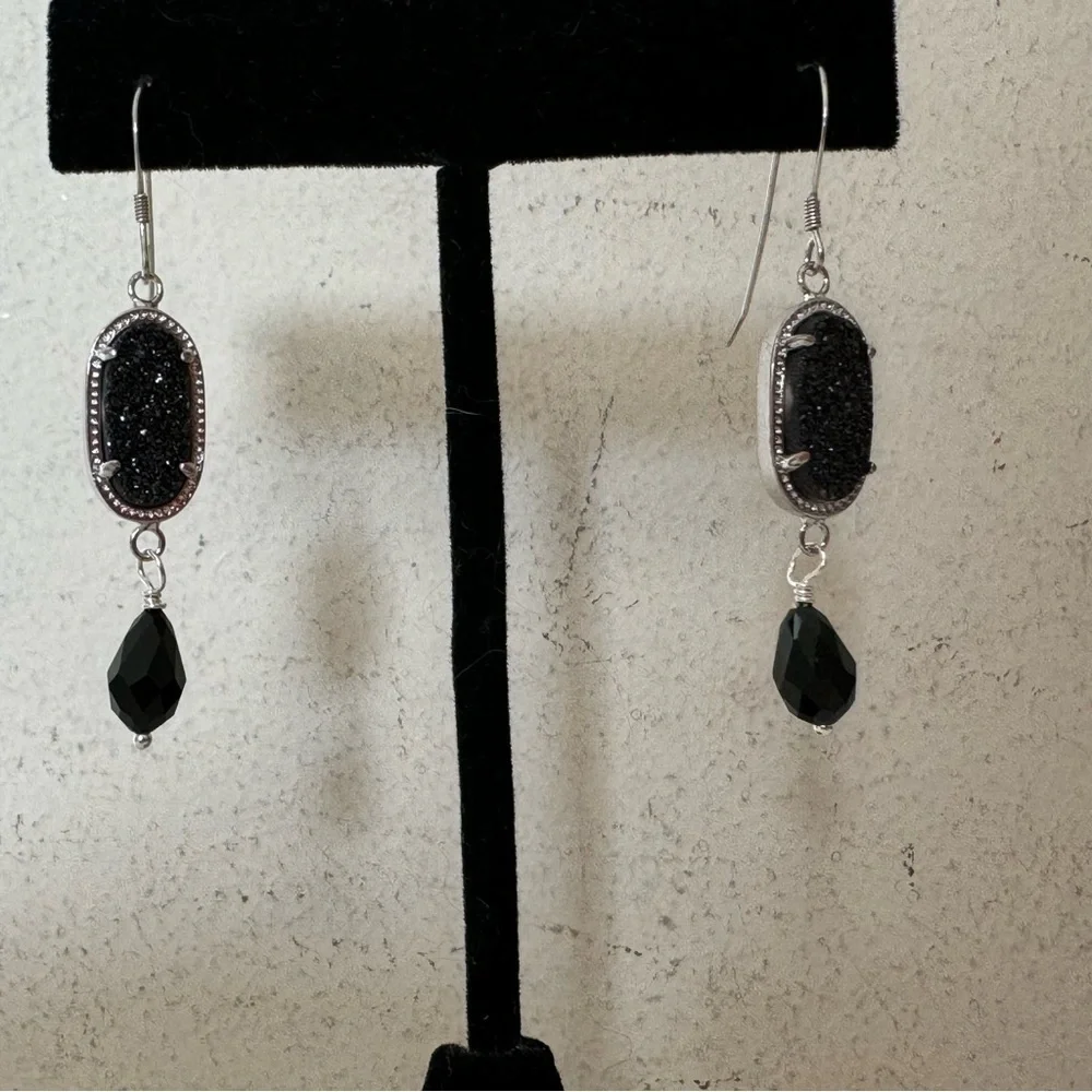 925 Sterling Silver Black Druzy Gemstone and Crystal Drop Earrings NEW